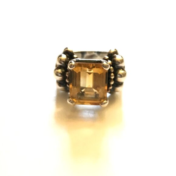 Lagos Glacier Caviar Emerald Cut Citrine Ring Womens 5 Sterling Silver Gold M - Picture 2 of 14